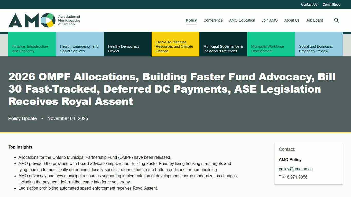 2026 OMPF Allocations, Building Faster Fund Advocacy, Bill 30 Fast-Tracked, Deferred DC Payments, ASE Legislation Receives Royal Assent AMO