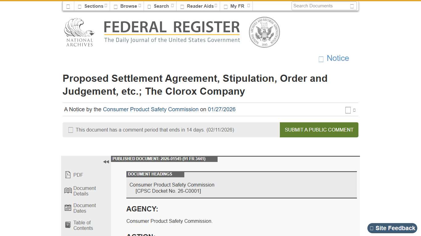 Federal Register :: Proposed Settlement Agreement, Stipulation, Order and Judgement, etc.; The Clorox Company
