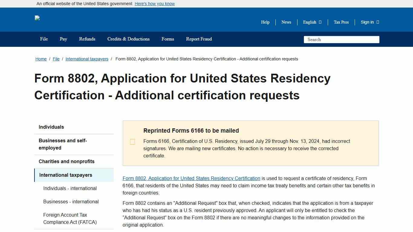 Form 8802, Application for United States Residency Certification - Additional certification requests Internal Revenue Service