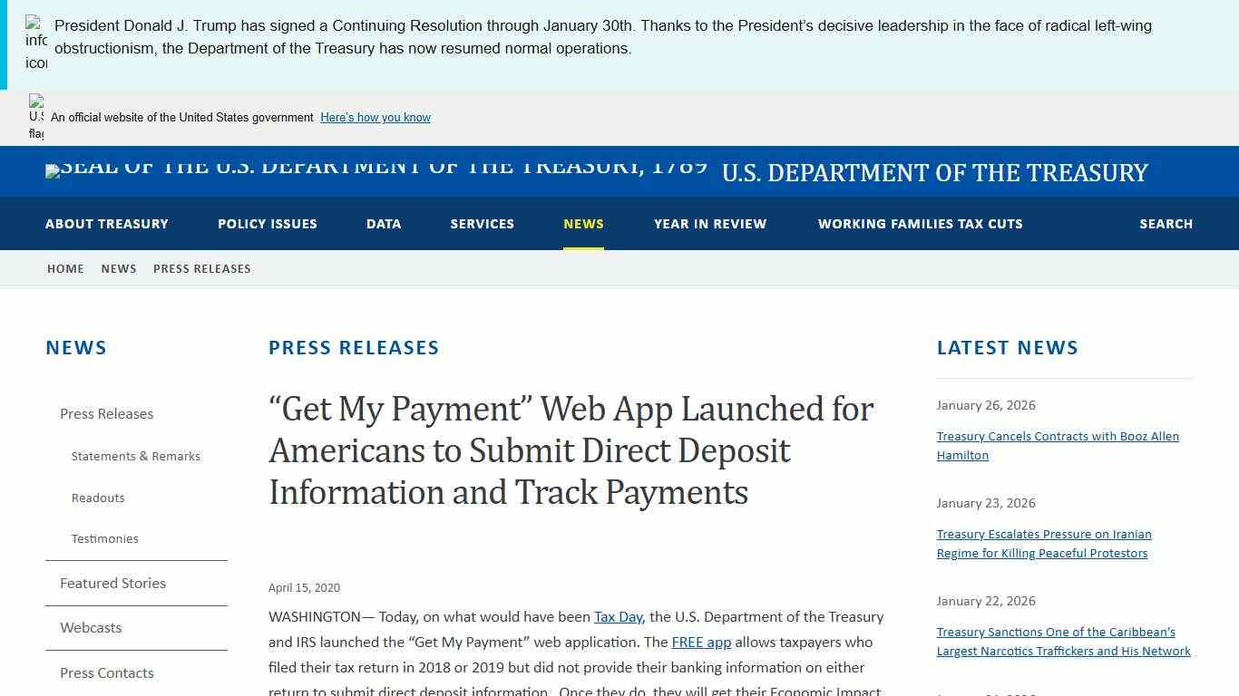 “Get My Payment” Web App Launched for Americans to Submit Direct Deposit Information and Track Payments U.S. Department of the Treasury